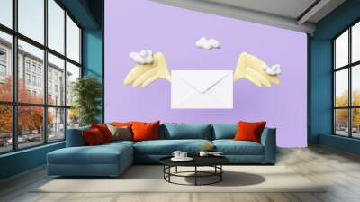 Flying envelope with wings,cloud isolated on purple background.notify newsletter,online incoming email concept,3d illustration or 3d render Wall mural