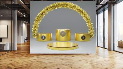 Gold winners podium empty with wreath in Gray composition for modern stage display and minimalist mockup ,abstract showcase background ,Concept 3d illustration or 3d render Wall mural