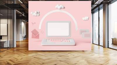 grey laptop computer with envelope,cloud,arrow isolated on pink background,sending,receiving email marketing concept 3d illustration or 3d render Wall mural