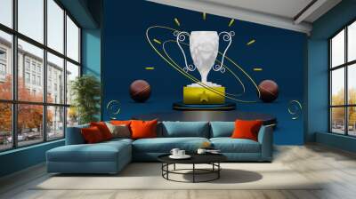 marble champion cup or trophies and podium with geometric shapes in blue composition for modern stage display and minimalist mockup ,abstract showcase background ,Concept 3d illustration or 3d render Wall mural