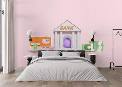 mobile phone,smartphone with banknote,check mark,credit card,bank or tax office building isolated on pink background.withdrawal cash with atm machine transaction concept,3d illustration,3d render Wall mural