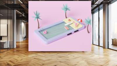 mobile phone or smartphone with swimming pool,palms,beach chair,inflatable flamingo,parasol,sandals,spring board isolated on pink background.summer travel vacation concept,3d illustration or 3d render Wall mural