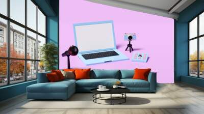 online video live streaming, 3d blank screen laptop computer on table with keypad, microphone, camera isolated on pink background. seo, communication applications, notification message, 3d render Wall mural