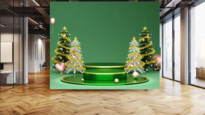 Podium empty with Glass ball and Christmas tree in green composition for website or poster or Happiness cards,Christmas banner and festive New Year, realistic 3d illustration or 3d render Wall mural