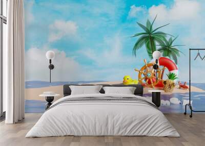 summer travel concept with sternwheel, palm tree, lifebuoy, seaside, suitcase, yellow duck, sandals, boat, crab, beach isolated on blue sky background. 3d illustration or 3d render Wall mural