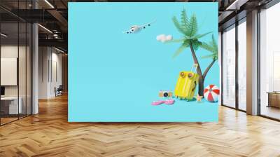 summer travel with yellow suitcase,sandals,ball,coconut tree,camera isolated on blue background ,con Wall mural