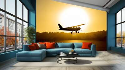 Backlit silhouette of a cessna plane outlined with the sun just behind it flying low with the sea water below illuminated by the golden light of sunset and trees and vegetation in the background Wall mural