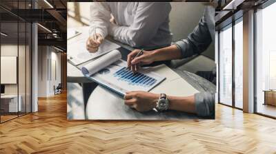 Businessman's hand pointing at business document during discussion at meeting. Wall mural