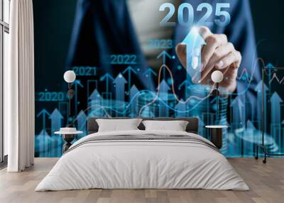 Businesswomen pointing to arrow up virtual to forecast and analyze the stock market and economic year 2025 with virtual chart,  trend upside business market growth, investments and financial concept. Wall mural