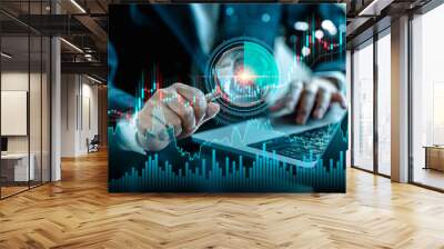 Businesswomen use magnifier glass scanning radar to find stock in stock markets, uptrends, , growth economics, business strategy development, and opportunities for investment, Financial Analyst. Wall mural