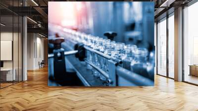 Factory interior of beverage, Production line of manufacturing and Herbal drink products, packaging juice, Glass bottles with screw caps standing on a conveyor belt. Healthy Drink Industry. Wall mural