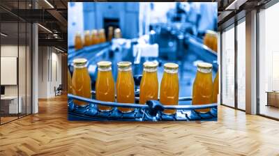 Factory interior of beverage, Production line of manufacturing and packaging juice products, Close up, Glass bottles with screw caps standing on a conveyor belt Wall mural