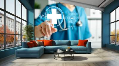 Medicine doctor touching medical symbol network connection interface 3D rendering interface virtual screen, digital healthcare and , medical technology and futuristic concept. Wall mural