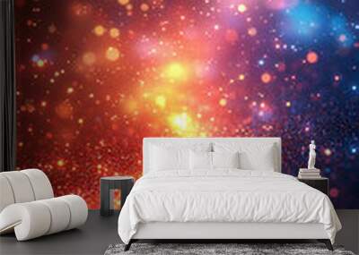 An abstract New Year background featuring vibrant bursts of color, shimmering lights, and glittering particles. Wall mural