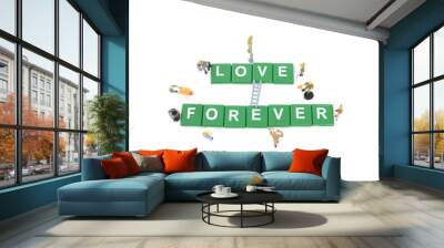 Miniature worker team building word love forever on white backgr Wall mural