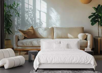 Minimalist living room featuring clean lines, neutral tones, and simple decor. Wall mural