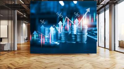 Stock market business finance, world economic growth trend, coin stack in background, investing mutual funds, financial risk management, debt ceiling, Quantitative Easing, effect inflation, interest Wall mural