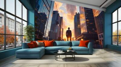 A successful, happy, wealthy businessman stands in a big city, a street, modern skyscrapers at sunset, thinking about his vision for the future. Wall mural