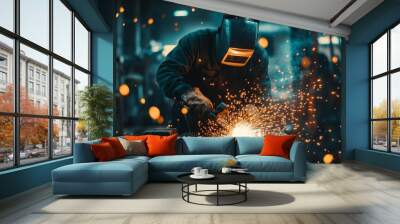 A welder operating an arc welder in a workshop, producing vivid sparks while welding two metal pieces together Wall mural