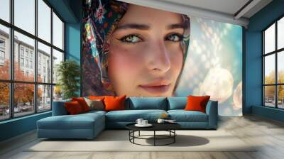 Attractive young Aboriginal woman in hijab headscarf Religious women in the modern world Wall mural