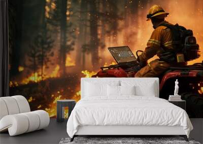 Brave skilled firefighter stands next to ATV using laptop computer in forest with burning forest fire. The director or unit leader makes sure that the emergency situation is under control. Wall mural