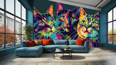 Cat wall stickers. Abstract multicolored neon image of three curious cats in pop art style on a dark green background. digital vector graphics The background is a separate layer Wall mural