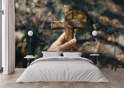 Christian Concept Photography Hand Holding Cross 3D Illustration Wall mural