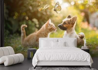 cute furry friends Cat and dog catch flying butterflies in a sunny summer garden Wall mural