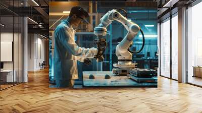 Engineers use cyber robot software to control industrial robot arms in factories The automated production process is controlled by experts using Internet-connected IOT software. Wall mural