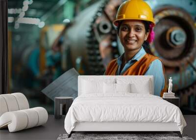 Female engineer worker, happy Asian working woman smiling in heavy industrial machinery factory Indian female engineer working with documents at prefabricated work site Wall mural