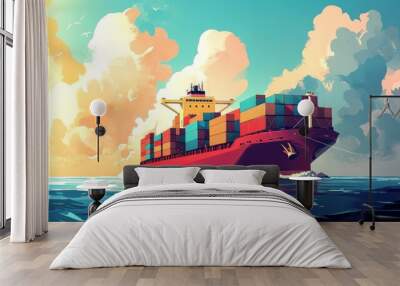 Illustration of a ship carrying a cargo ship transporting large containers across the ocean, symbolizing the global shipping industry. Wall mural