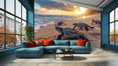 Newborn green sea turtle on a sandy beach Record of the first voyage to the sea Wall mural