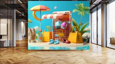 Online shopping template via smartphone application. Summer holiday theme illustration for promotion on web shopping platform. Summer sale concept design of online shopping. Wall mural