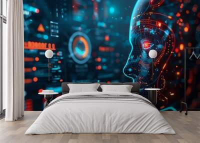 Photo of a futuristic AI interface, showing complex algorithms and visualizations of data analysis. Wall mural