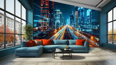 Photo of a futuristic cityscape at night, urban innovation, smart city, advanced infrastructure, neon lights. Wall mural