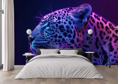 Photo of a leopard / jaguar. Abstract. Graphic. Bright colors in neon colors. on a dark purple background Wall mural