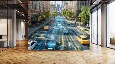 Photo of a revolutionary urban traffic system with autonomous vehicles navigating smoothly through smart city streets. Wall mural