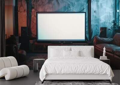 Photo of a TV screen at home, sofa in front, front view, blank screen. Wall mural