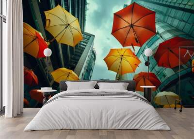 Photo of colorful umbrellas on the sky, rain, many colors Wall mural