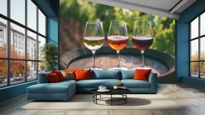 Photograph of three glasses with white, rose and red wine on wooden barrels in a vineyard. Wall mural