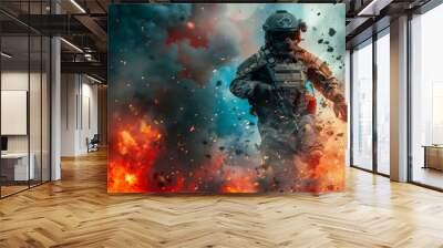 Special forces soldier wearing combat armor in a combat zone. Explosions, smoke and sparks on the background. Wall mural