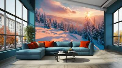 Sunset over the mountains, beautiful winter landscape with snow, trees and mountains. Wall mural