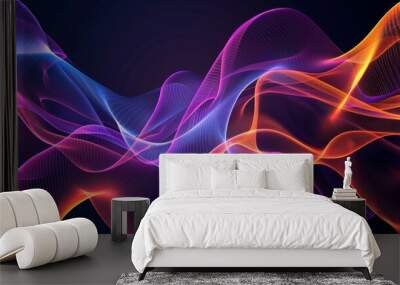 Vector illustration of abstract light lines as dynamic flowing waves in blue, orange, purple colors, isolated on black background for the concept of energy, electricity. Wall mural