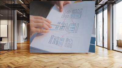 UX UI design process for modish mobile application and website . Creative prototype of wireframe for professional app developer . Wall mural