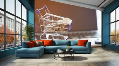 Shopping cart with coin on a laptop keyboard. Wall mural