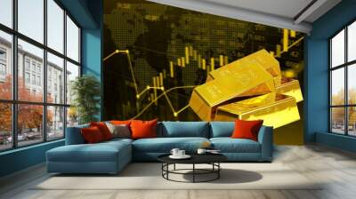 Gold bars on yellow black background and gold stock chart illustration Wall mural