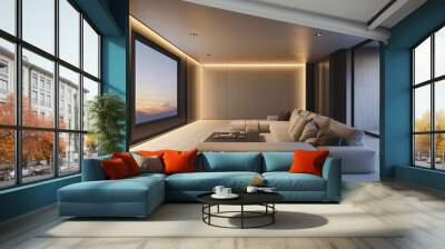 Modern living room with a large screen and minimalist design. Wall mural