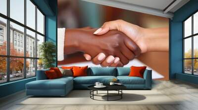 Two hands shaking in agreement over a document. Wall mural