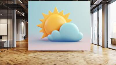 A vibrant illustration of a sun peeking from behind a cloud, symbolizing sunny weather and a cheerful outlook. Wall mural