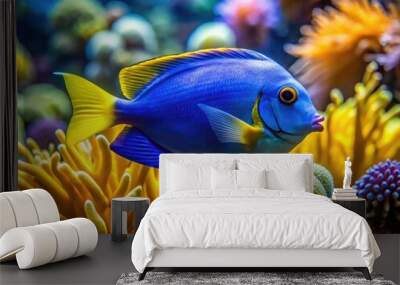 A bright blue fish with yellow fins and a forgetful expression swims in a coral reef surrounded by seaweed and ocean anemones. Wall mural